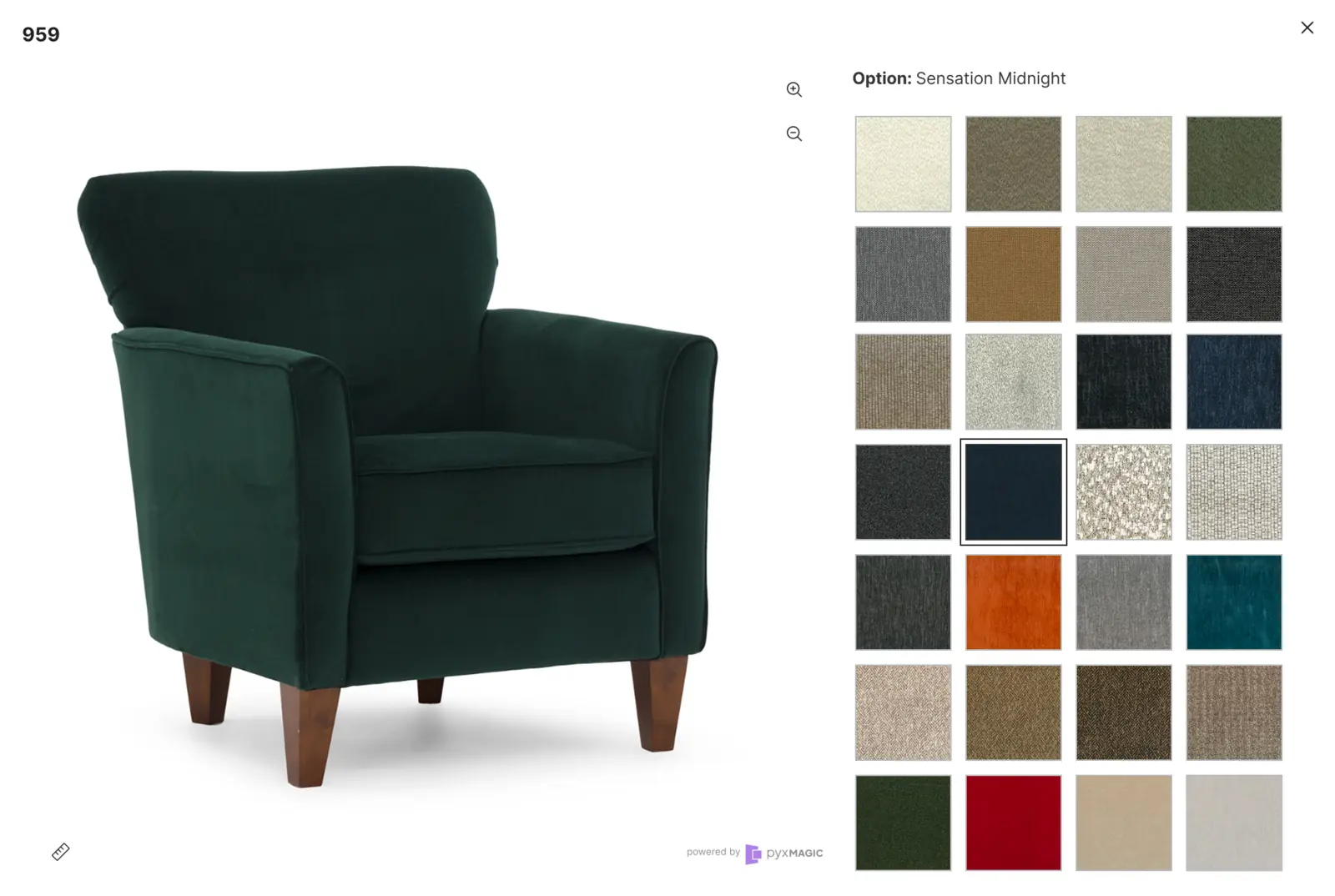 PyxMagic Draping visualizer showing upholstery choices on a chair