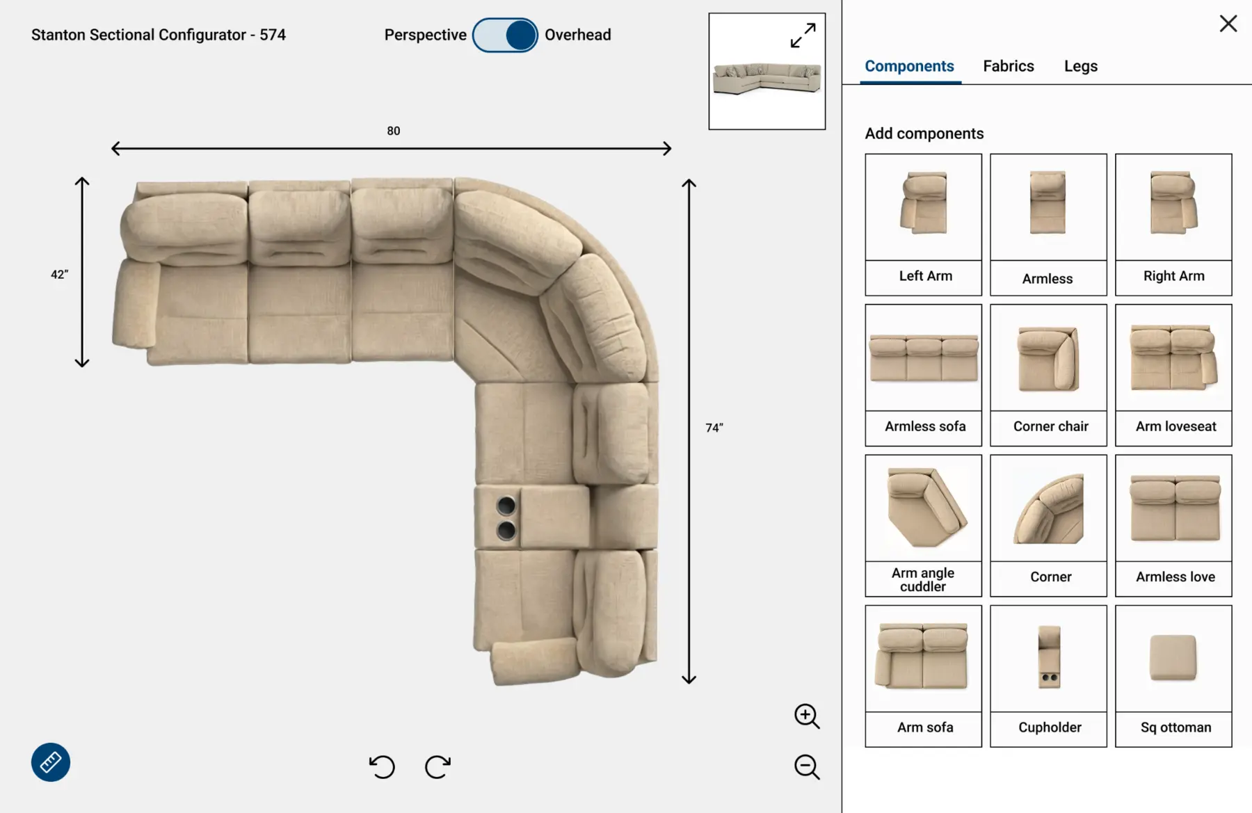Overhead planning view with photoreal sectional components and dimensions