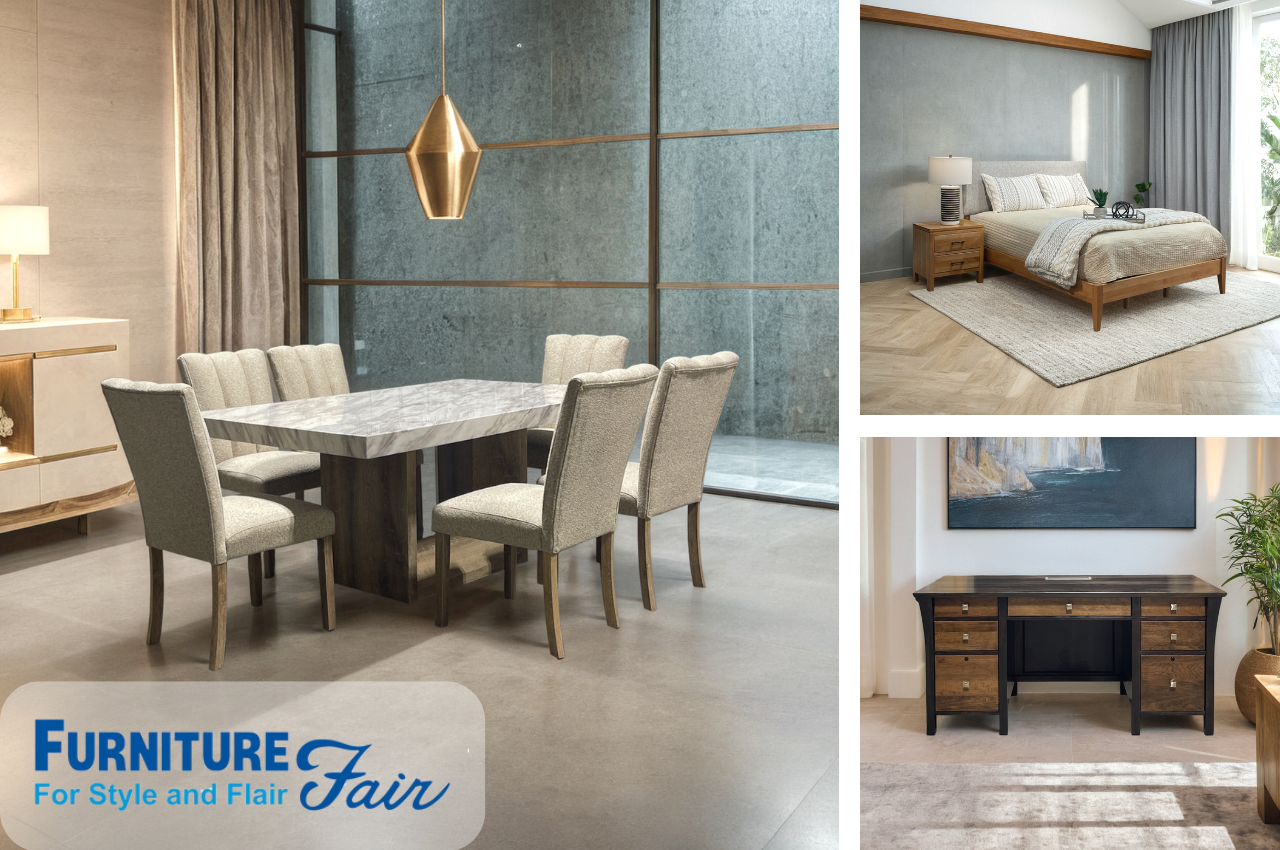 Furniture Fair logo with images of a dining table, desk and bed generated with different AI backgrounds placing the products in a stylish home environment