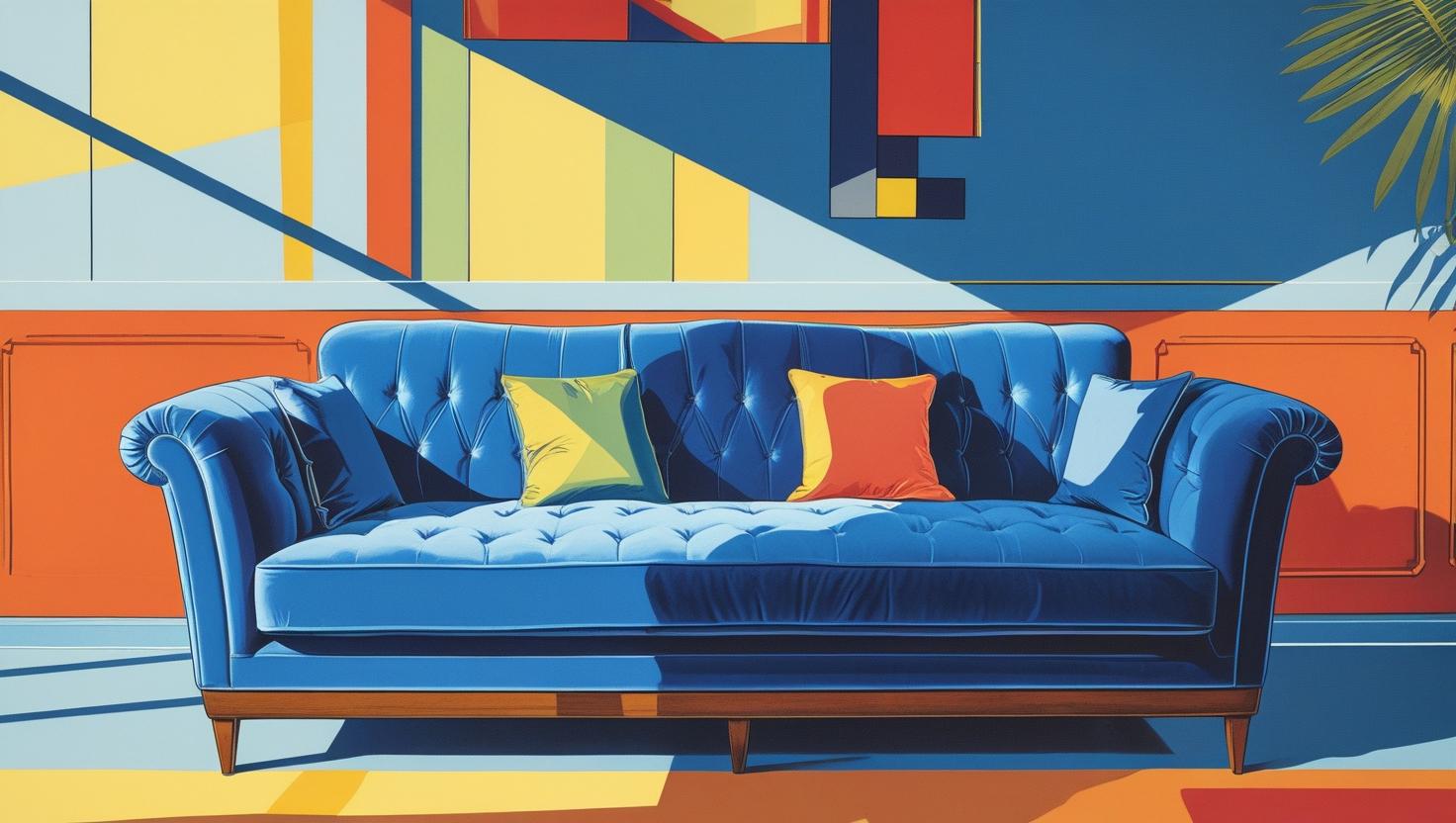 a blue upholstered couch in a living room An AI generated blue couch in a color pop drawing style.