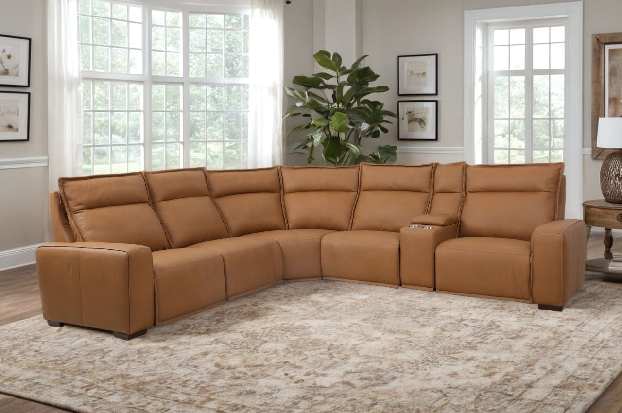 A camel-colored sectional is shown in a lightly styled home scene, created using PyxMagic AI