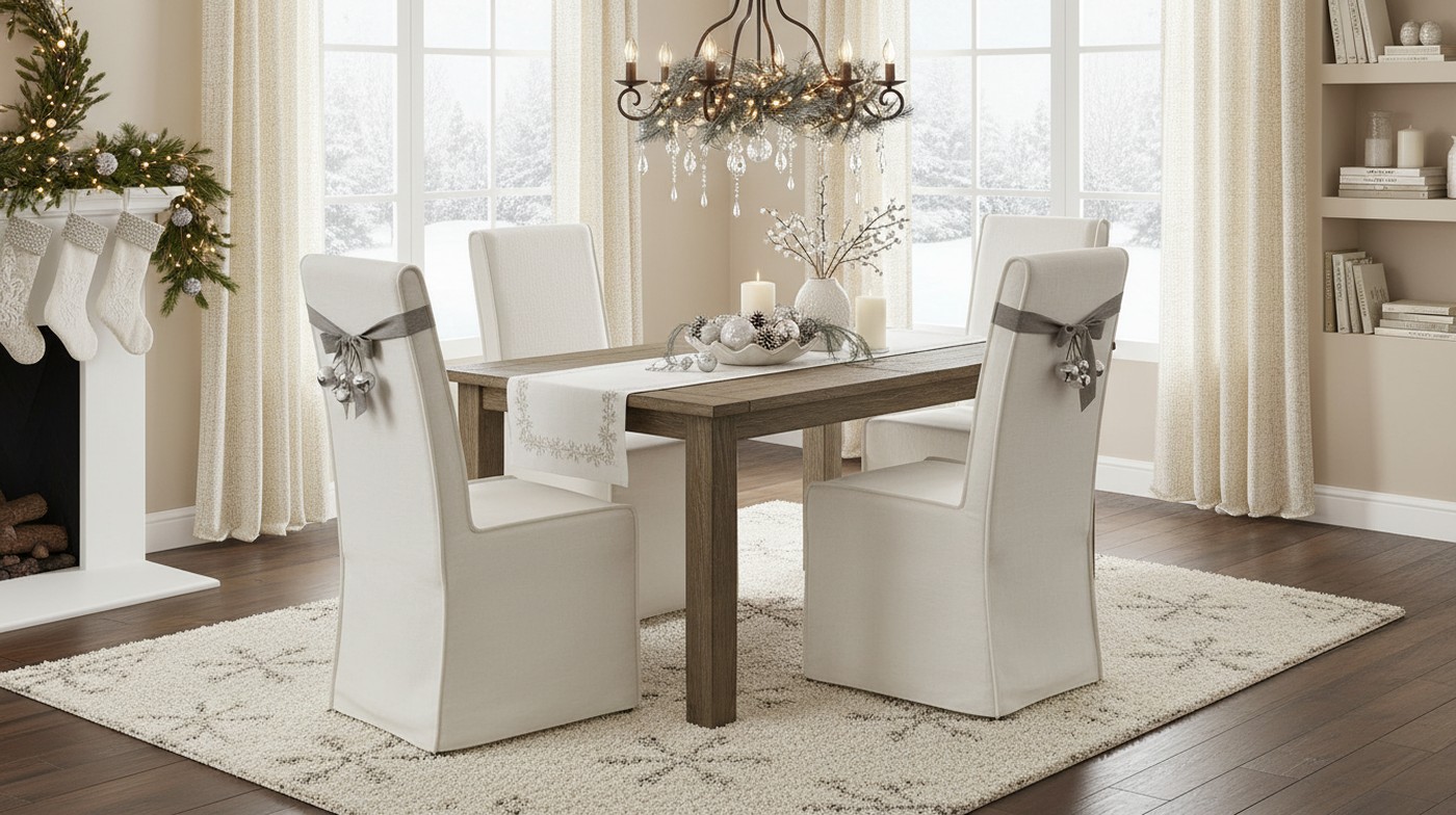 Delphine+5-piece+Dining+Set-Inspire_Dining_Room_Dining_set_Testing_-_Winter_3 An AI generated image of a dining room set with white holiday decor and a wintery scene showing through the windows of a home.